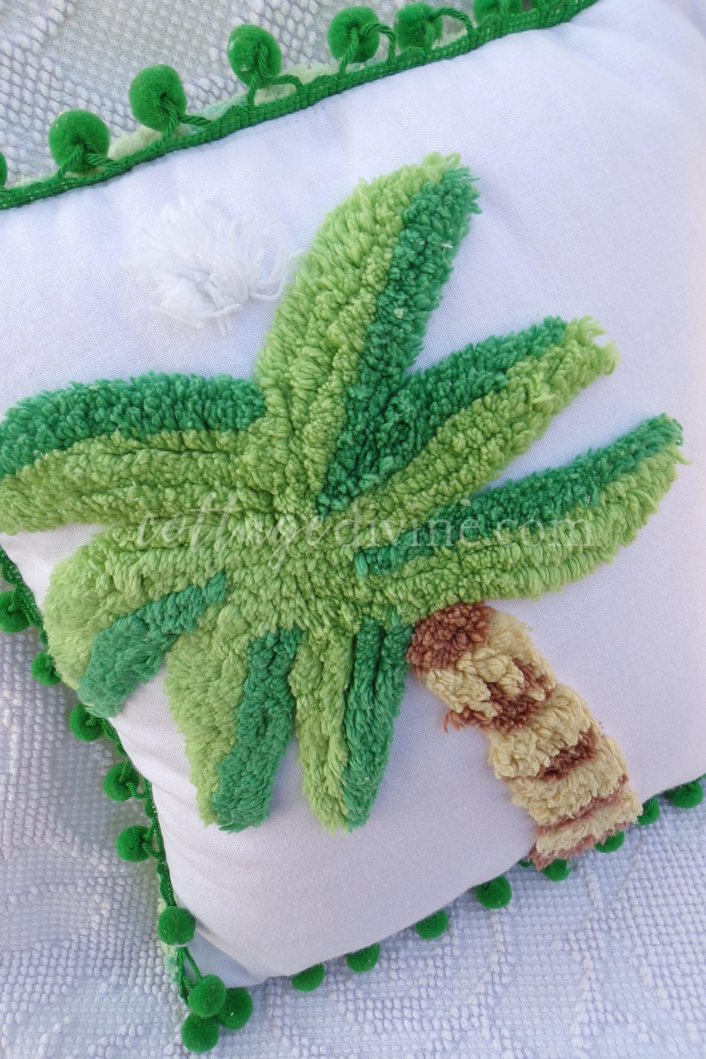 Tropical Bungalow Vintage Chenille Pillow Cover 12" x 12" inch Square, REVERSIBLE Palm Tree Design Accent Pillow & Insert with Pom Pom Trim
