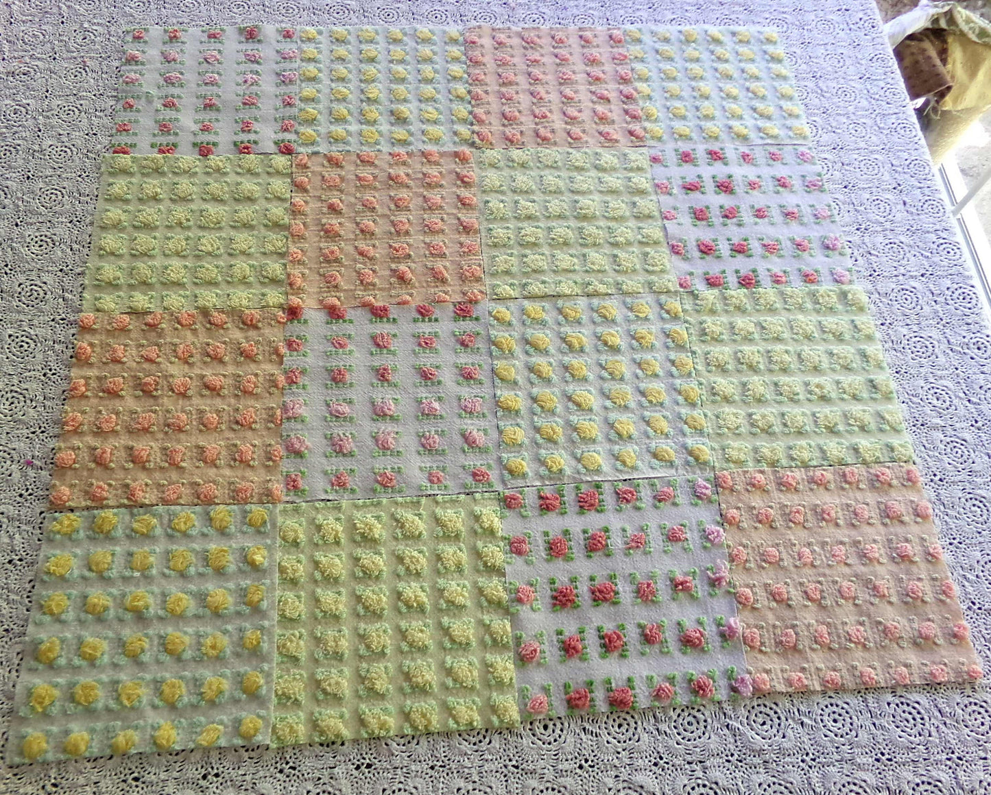Sunrise Rosebud Chenille Quilt Squares Set, from Vintage Bedspread Fabric, 16 Blocks, 6" inch, in Yellow, Peach, & Ombre Pink Roses