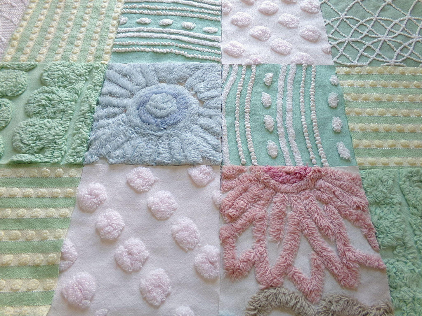 vintage 6" chenille fabric squares, garden path greens, set of 16 lovely craft blocks rotary cut from vintage chenille bedspreads