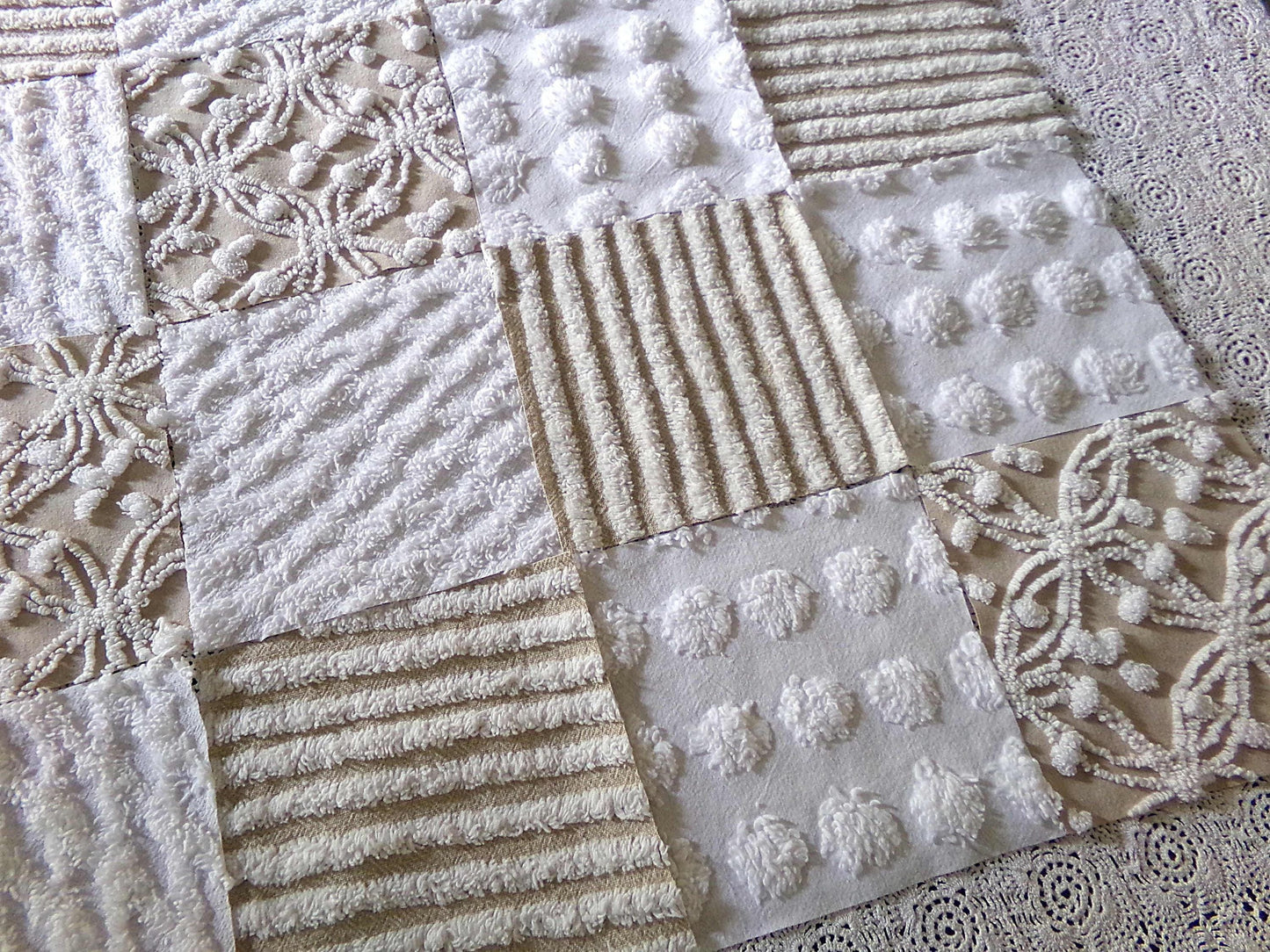 Neutral Modern Mocha & White Chenille Fabric Squares Set, 16 Vintage Quilt Blocks, 6" x 6" inches each, for Quilting, Sewing, DIY Pillows