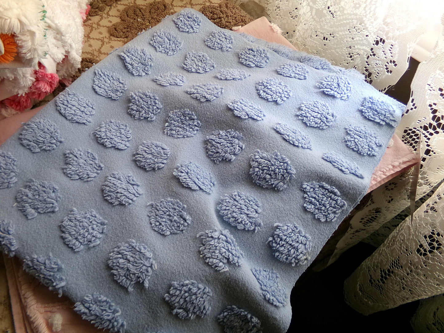 big blue coin pops chenille fabric, vintage style dots on serene blue cotton, 21" x 24" piece of sewing material for crafts & quilting