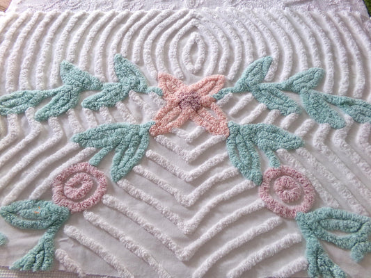 Shabby Swirl White Floral Vintage Chenille Fabric, 20" x 29" inch Piece, Cottagecore Sewing Material Great for DIY Pillows, Wall Hangings
