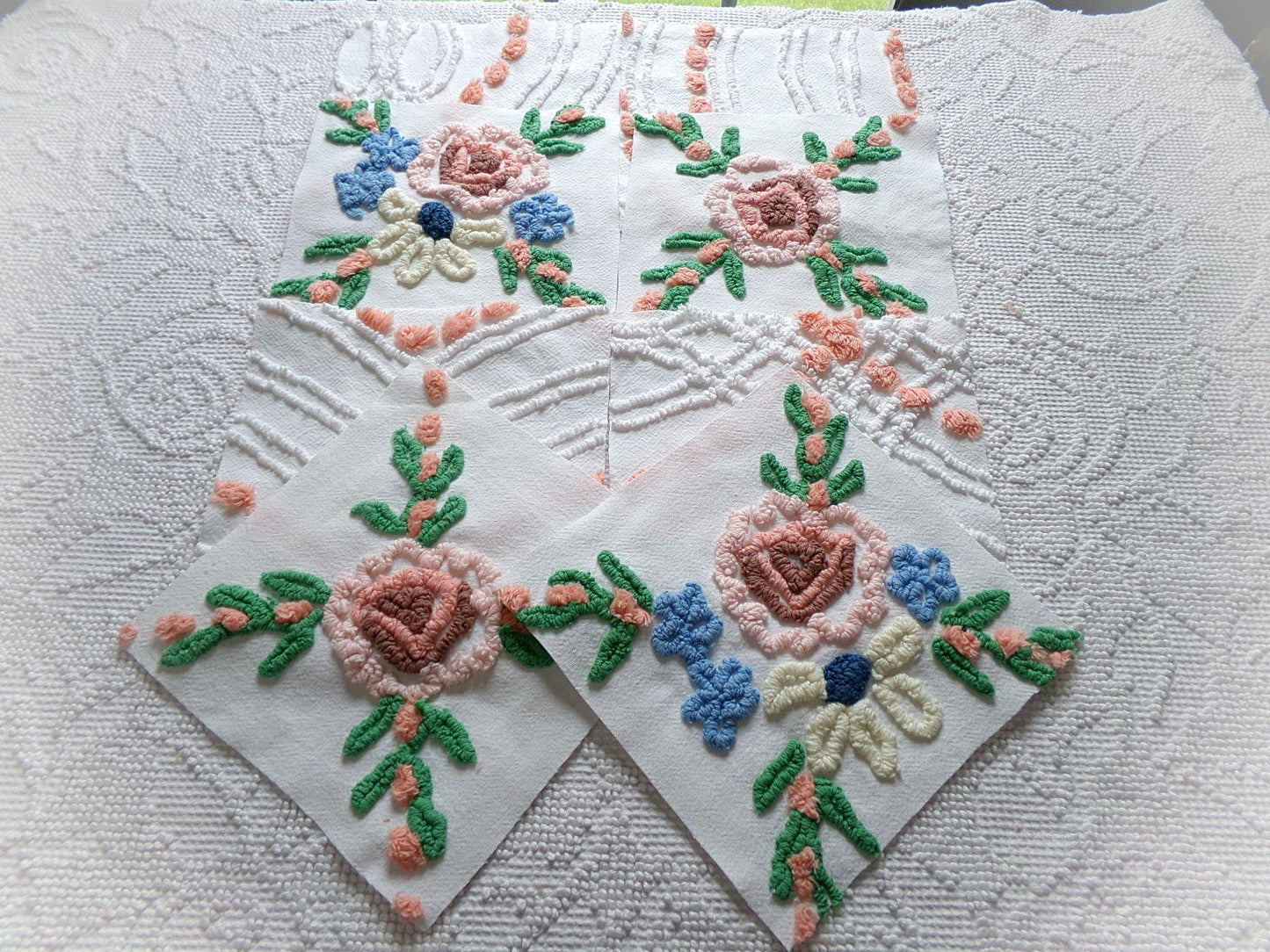 cottage chic chenille fabric squares, set of 8 vintage 7.5" quilt blocks, peach, white rose floral & geometric for sewing, crafts, quilting
