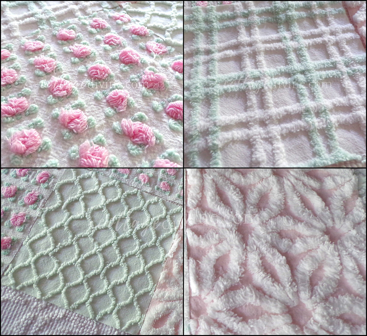 Picnic Time Chenille Quilt Squares Set from Vintage Bedspread Fabric, 16 Blocks, 6" x 6" inches each, Pretty Green, White, Pink Rosebud