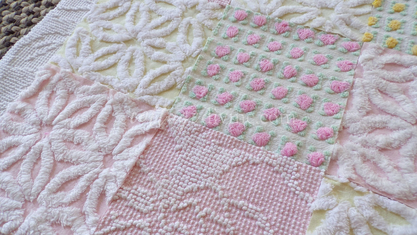 Chenille Fabric Squares Set, "Spring is in the Air", from Vintage Bedspread Fabrics, 16 Quilt Blocks, 6" inch, Cottage Pink, Yellow & White