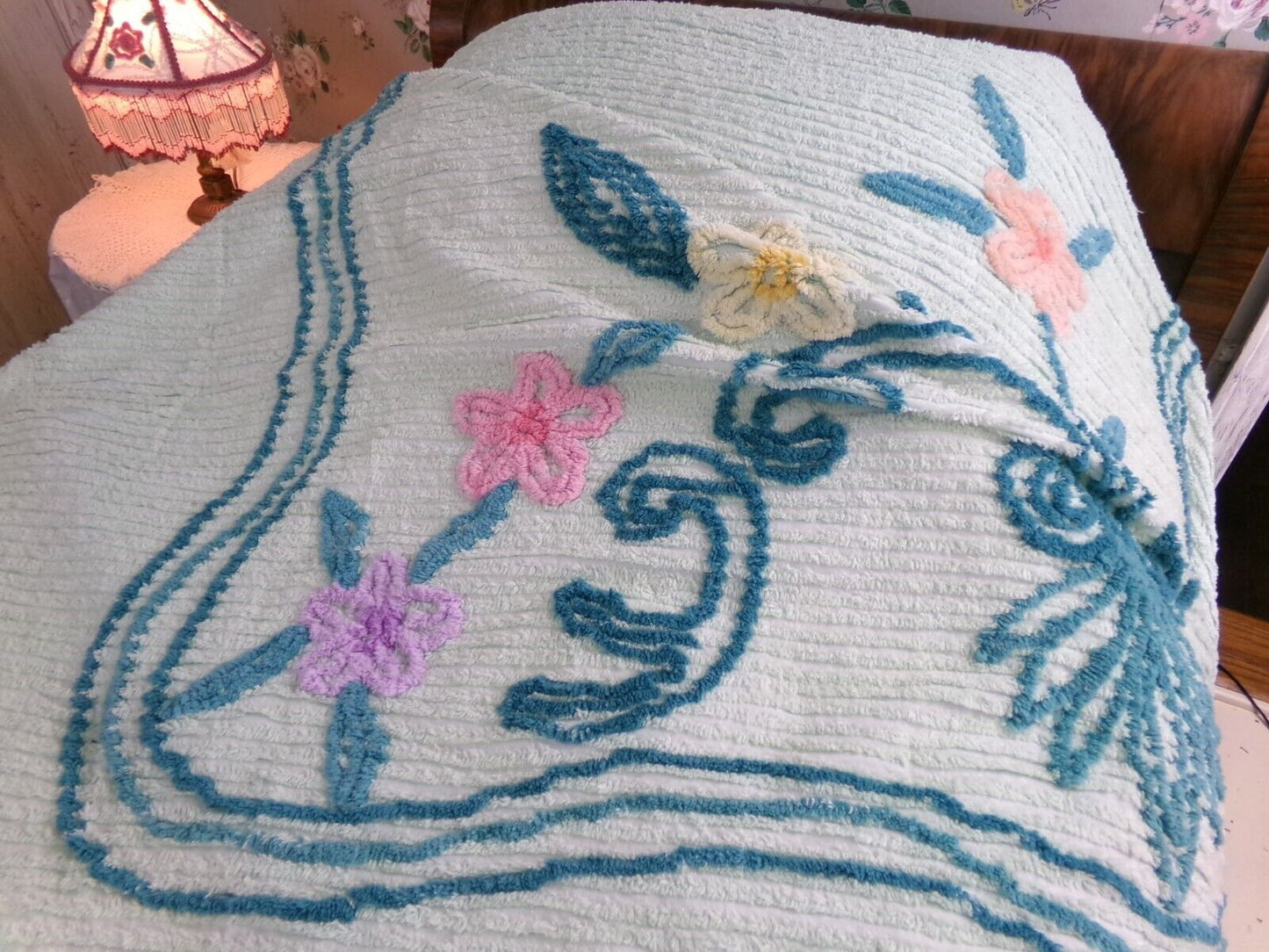 Mint Green Vintage Full Chenille Bedspread Midcentury Sprawling Scroll Floral Design