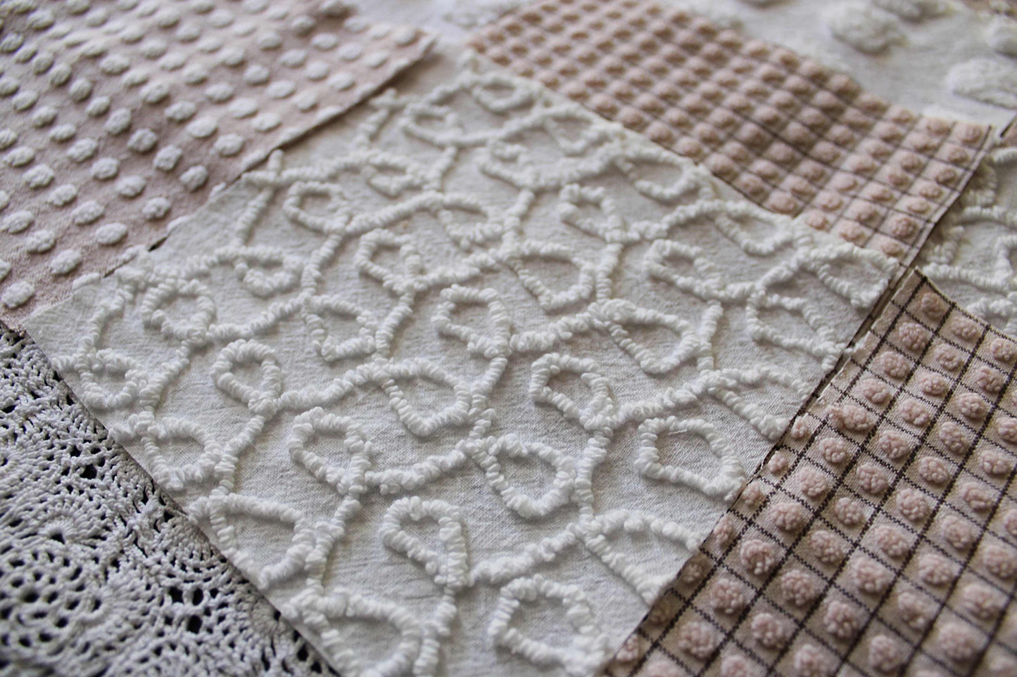 Trendy Neutral Chenille Squares, Vintage Meets Modern Craft Quilt Square Set from Vintage Bedspread Fabric, 16 Blocks, 6" x 6" inch