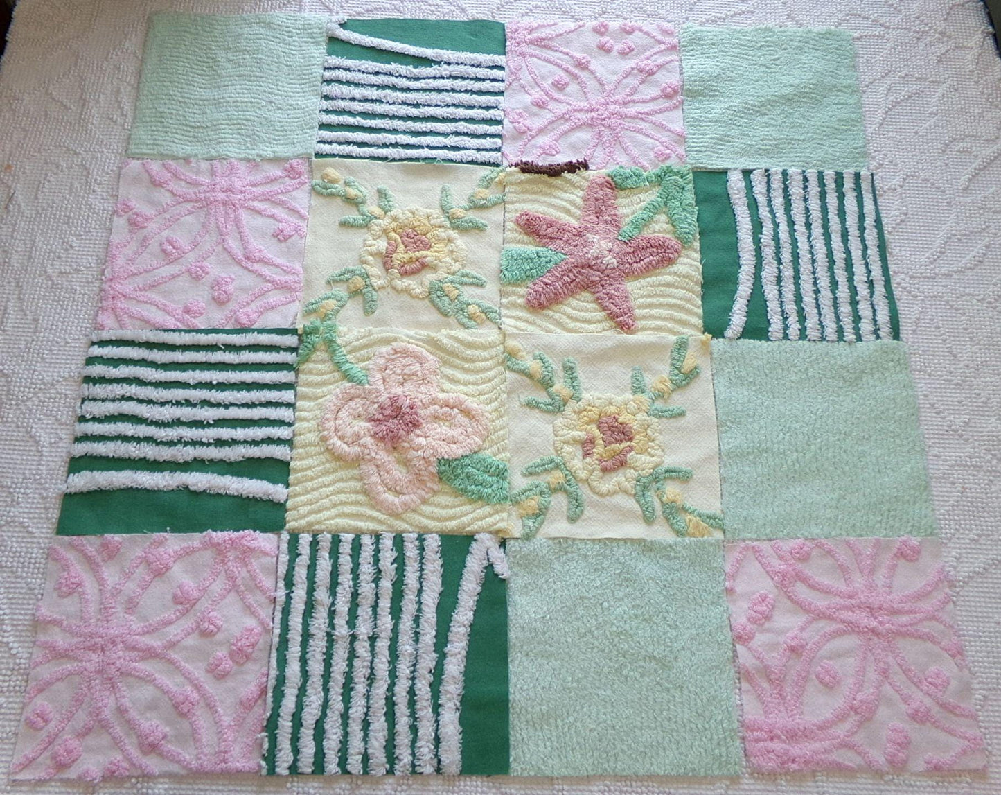 enchanted forest chenille fabric squares, set of 16 vintage craft quilt blocks 6" inches ea, yellow, green, pink & floral patterns