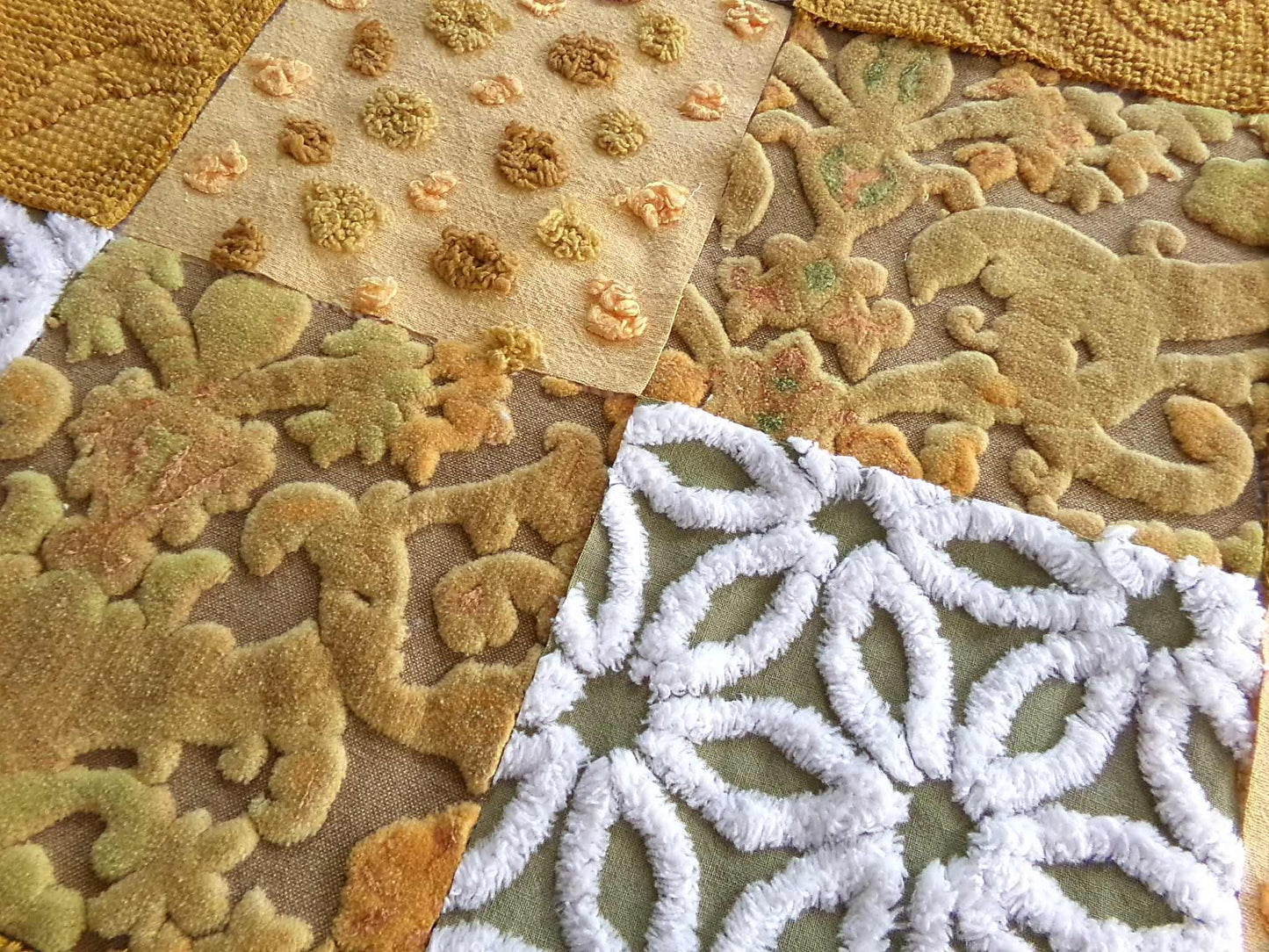 boho mama velvet & chenille fabric squares, earthtone daisy, dots, 16 vintage quilt blocks 6" x 6" inch, for pillows, quilts, crafts