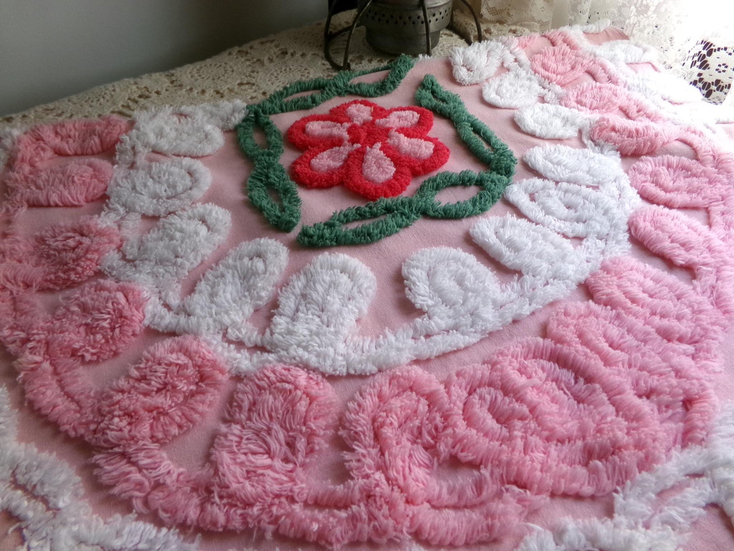 frosted pink cupcake vintage chenille fabric, iced wedding cake design with rose flower, 21" x 30" inch piece of sewing material