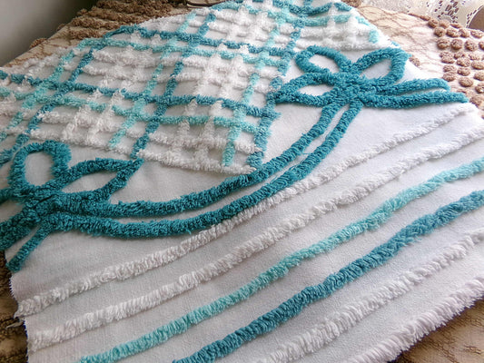 Cute Green Bows Vintage Chenille Fabric, 22" x 28" inch Piece, 100% Cotton, Midcentury Tonal Teal & White