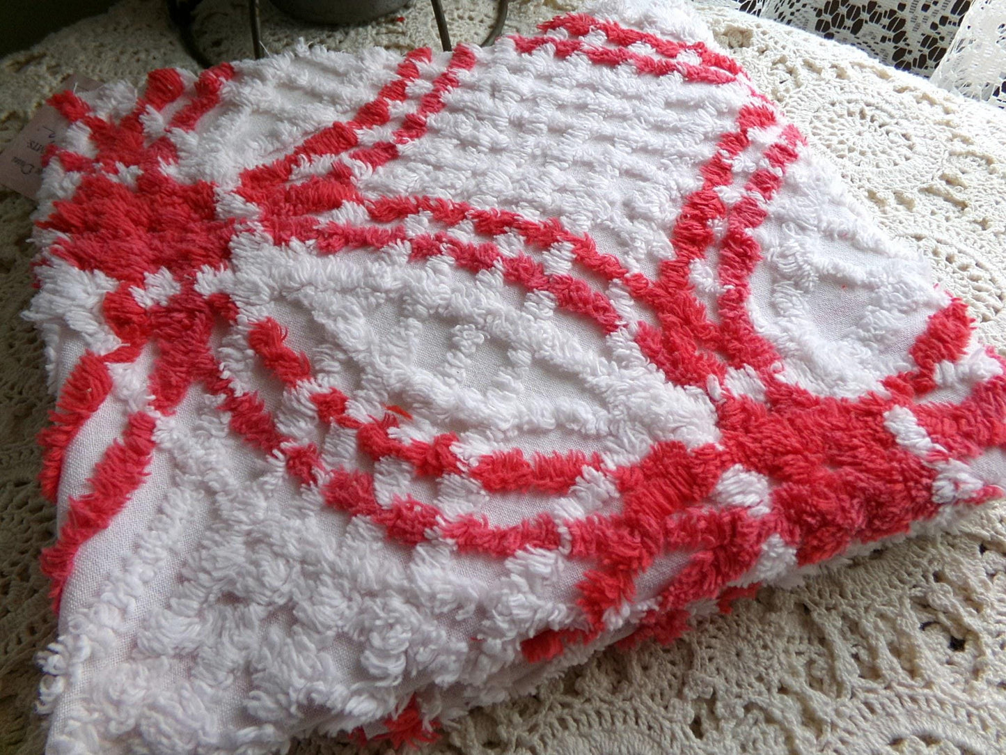 red & white vintage chenille fabric in wedding ring cathedral stripe design, 19" x 29" inch irregular piece of sewing material