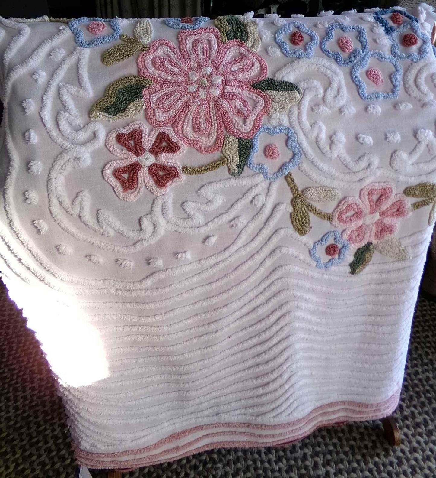 Lovely Spring Flowers Vintage Chenille Material, 29" x 25" inch Fabric Piece, Meadow Florals on White 100% Cotton, Pretty in pillows