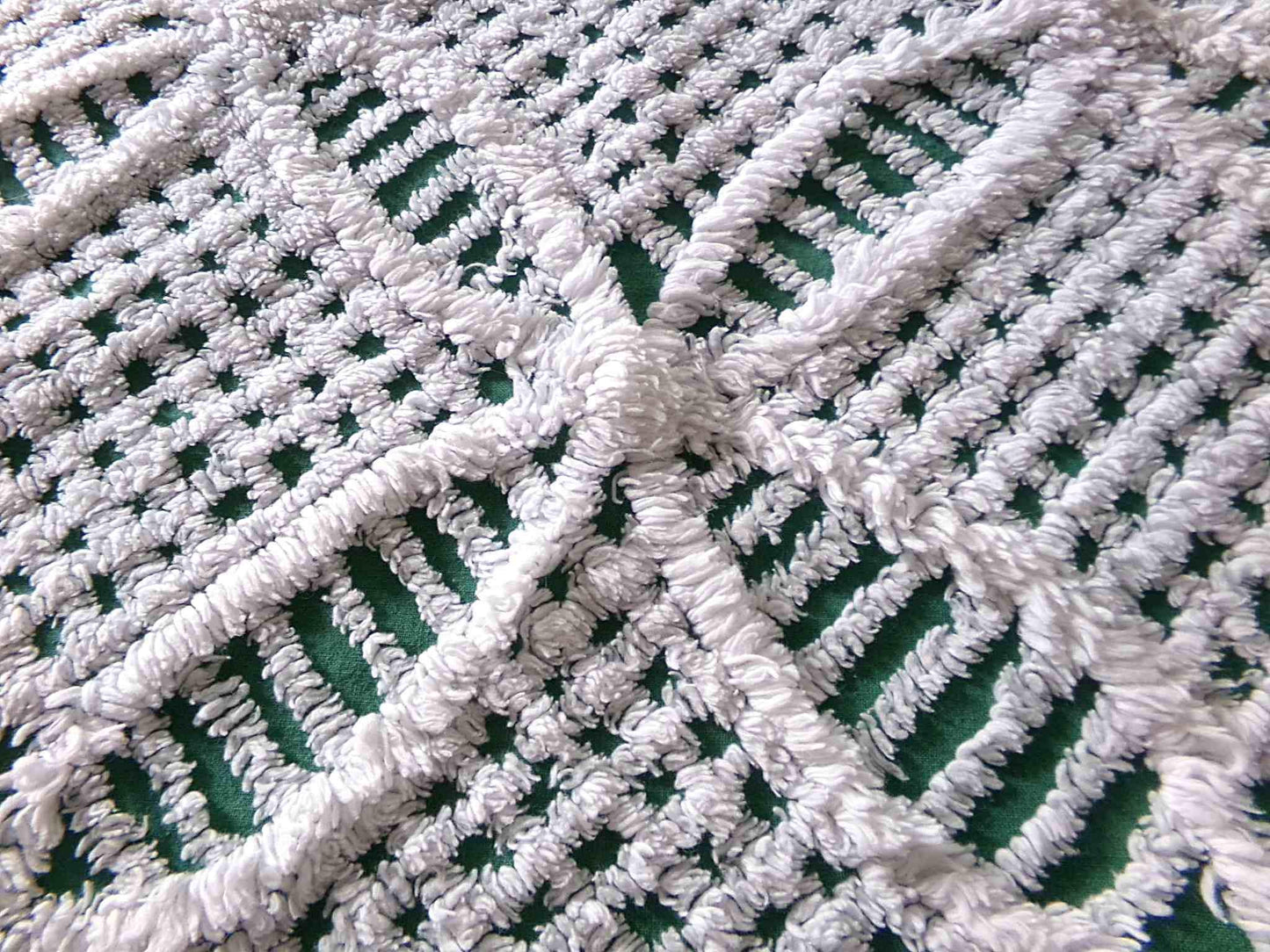 Rich Green Vintage Chenille Fabric, 20" x 24" inch Piece, Plush White Wedding Ring Geometric Design