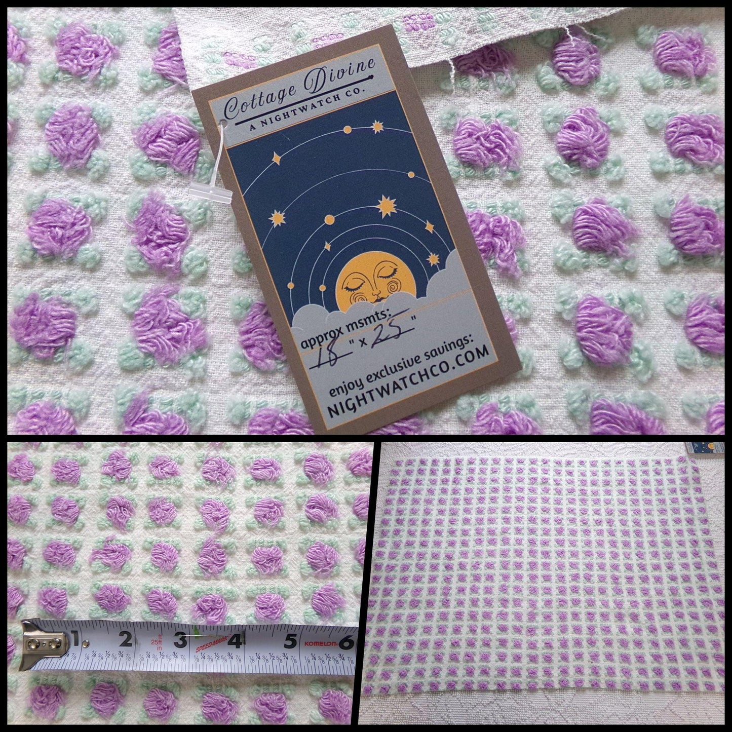 divine amethyst purple rosebud chenille fabric, rare vintage 18" x 25" piece of Morgan Jones sewing material for quilts, pillows, crafts