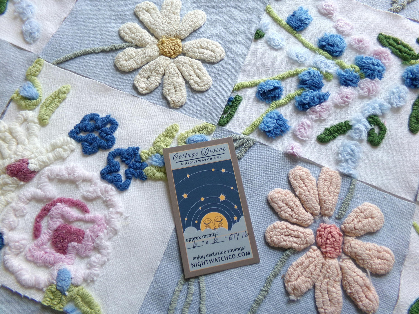 vintage chenille fabric squares, "barefoot in the meadow" set of 16 floral 6" quilt blocks in sky blue daisy, lupine flowers & roses