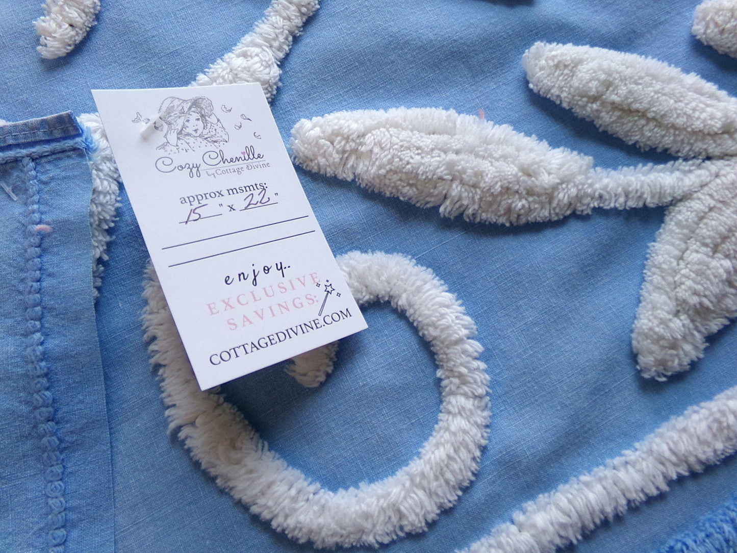 botanical white lily vintage chenille fabric, soothing blue 15" x 22" piece of sewing material for quilting and crafts