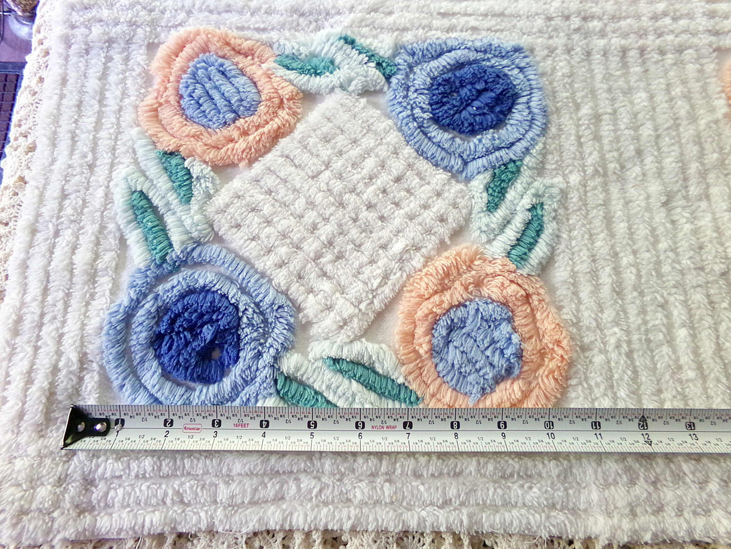 Pretty Vintage Chenille Fabric in Two Tone Blue & Iced Peach Roses on White, 13" x 30" inch Piece, Ideal for DIY Pillow Covers