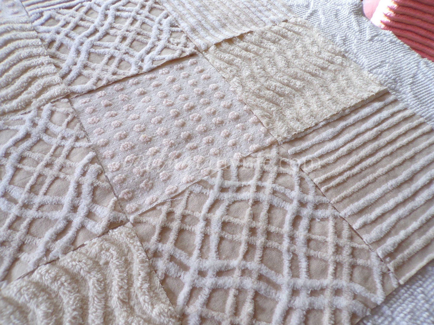 Cream Latte Quilt Squares Set from Vintage Chenille Bedspread Fabric, 16 Blocks, 6" x 6" inch, Neutral tones