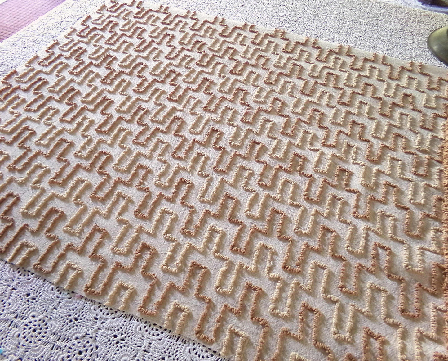 sandy sandcastles vintage chenille fabric, two tone honey golden brown geometric design, 18" x 24" inch piece for quilting, crafts & sewing