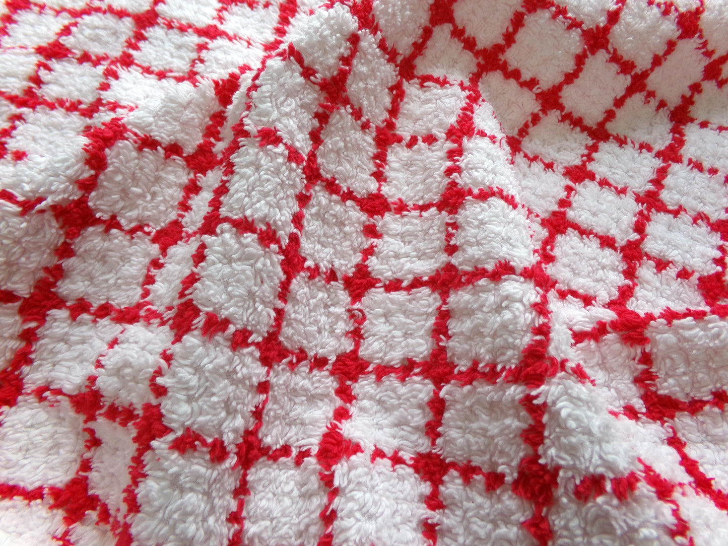 red & white cubes vintage chenille fabric, peppermint micro plaid pattern, 18" x 24" cut piece for xmas stockings, Christmas quilts
