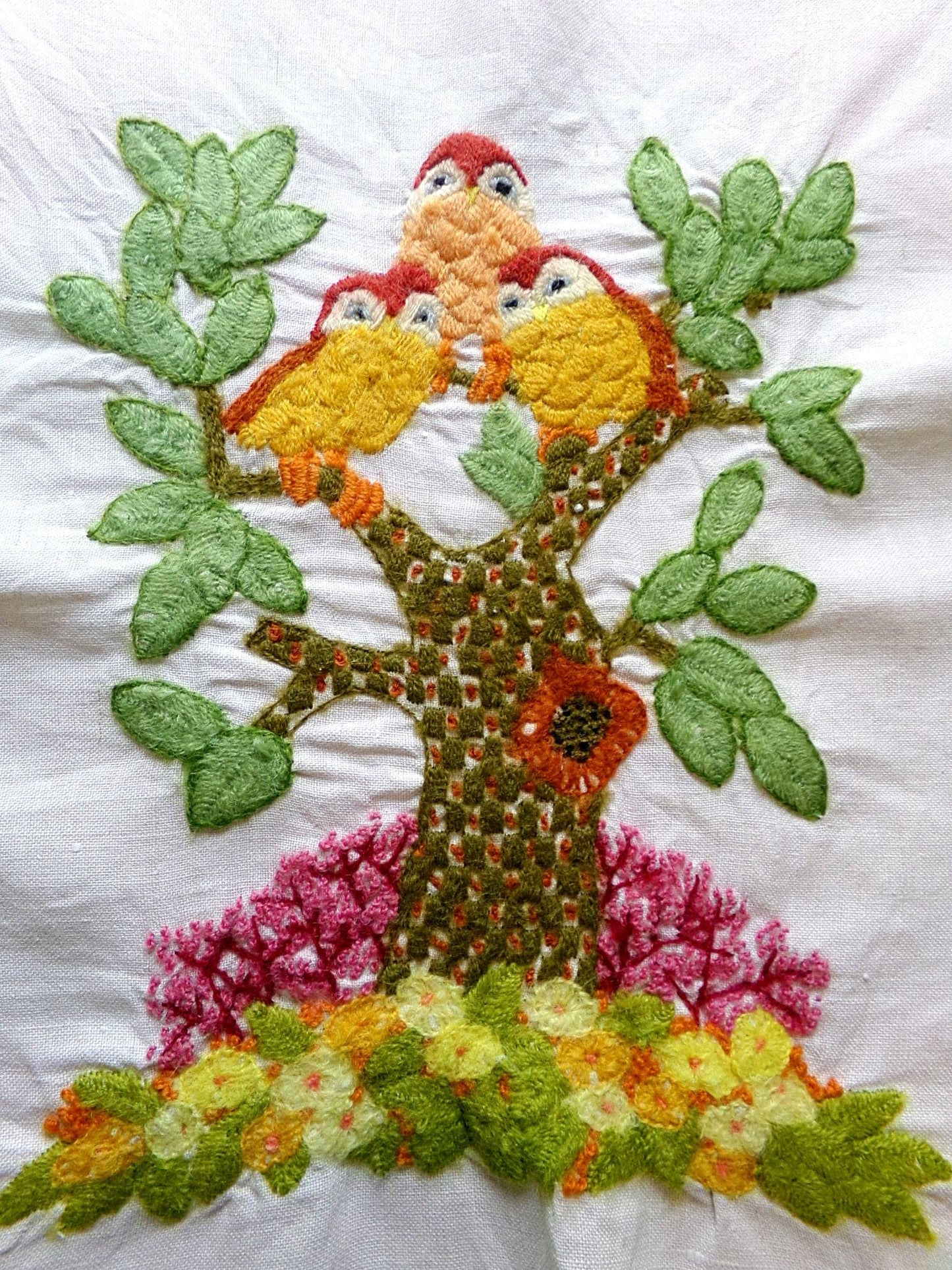 Hippie Fairytale Owl Embroidery Finished 1970s Piece, "Winkin, Blinkin & Nod," Cute Completed Paragon Crewel Stitchery 02236x, 16" x 19"