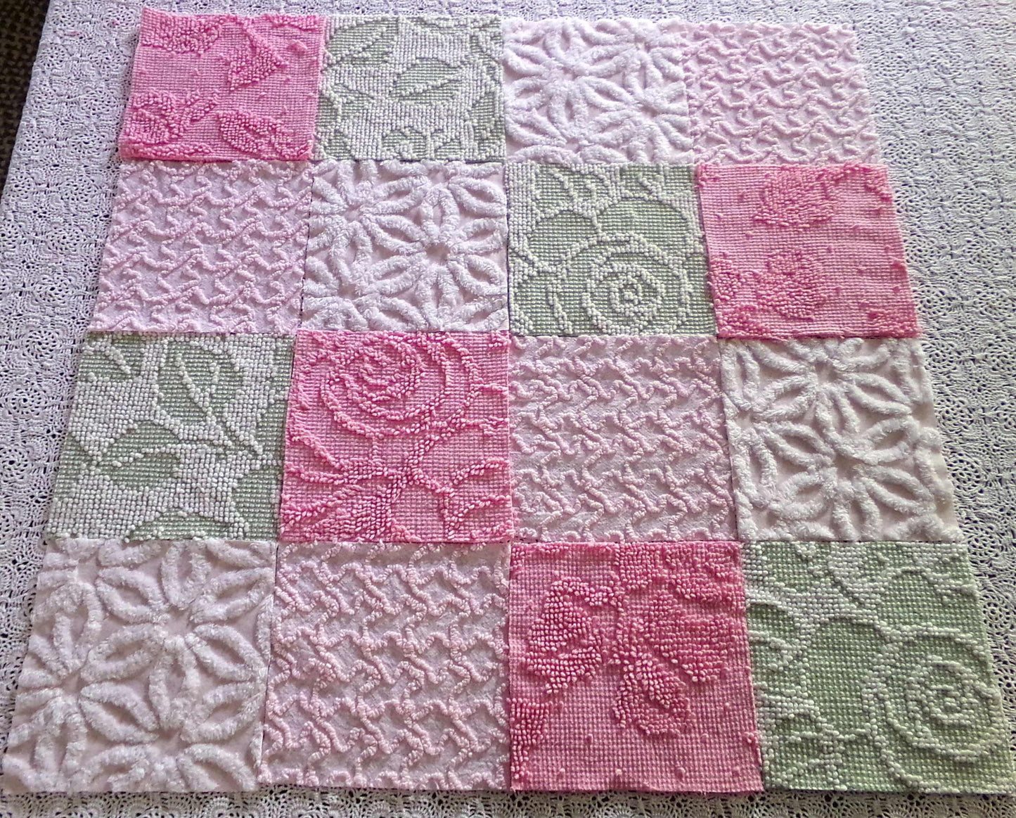 Flower Lady Vintage Chenille Squares, 16 Quilt Blocks, 6" inch in Sage Green, Petal Pink & Rose, from Chenille Bedspread Fabrics