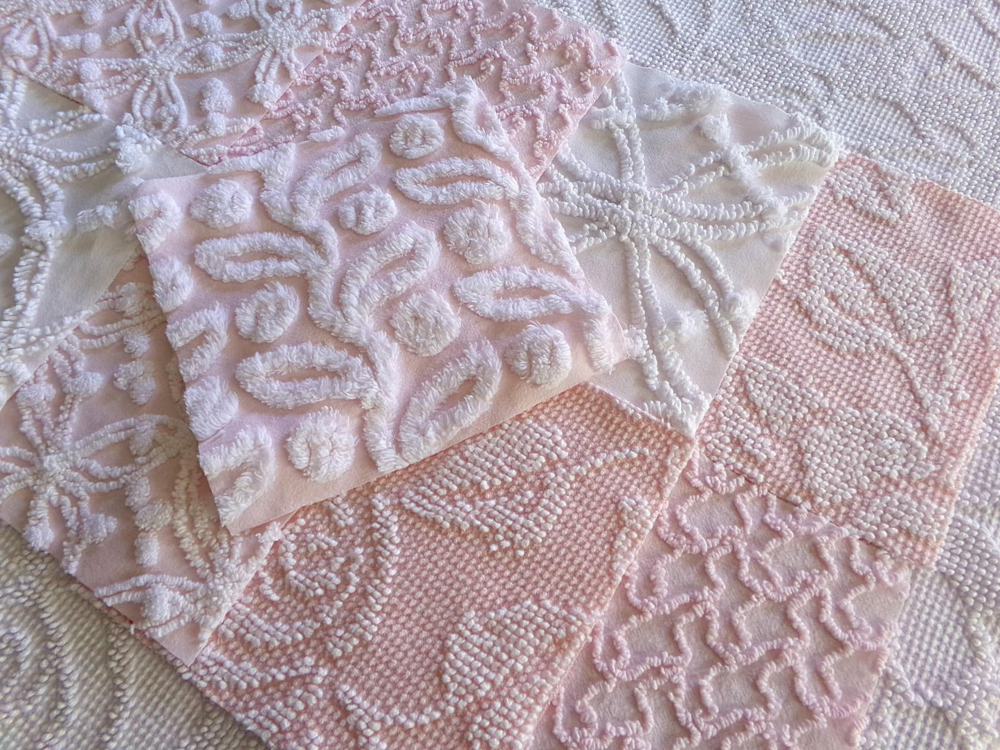 vintage chenille fabric squares in classic feminine pink & white textures, 7.5" vintage fabric blocks, set of 9 for sewing, crafts, quilts