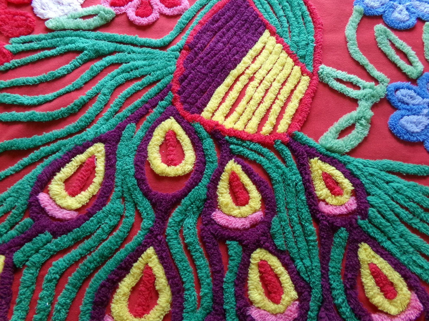 peacock vintage chenille fabric panel in saturated red, exotic material for a wall hanging or pillow, 23" x 24" inch piece