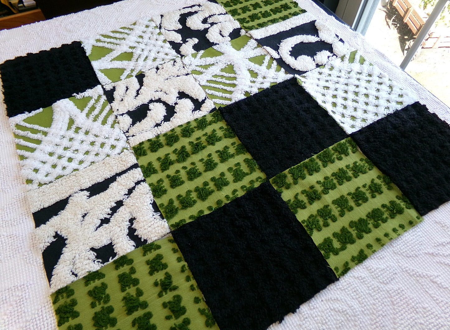 goblin green & black vintage chenille fabric squares, set of 16 boho 6" quilt blocks for crafts, sewing, diy pillow covers