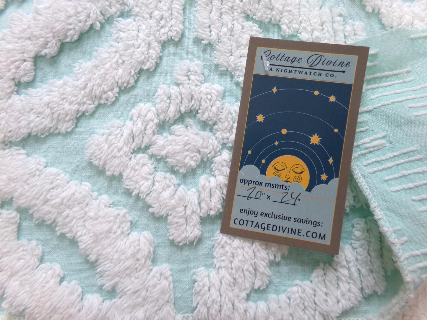 vintage aqua chenille fabric, white petals geometric design, 20" x 24" piece of sewing material