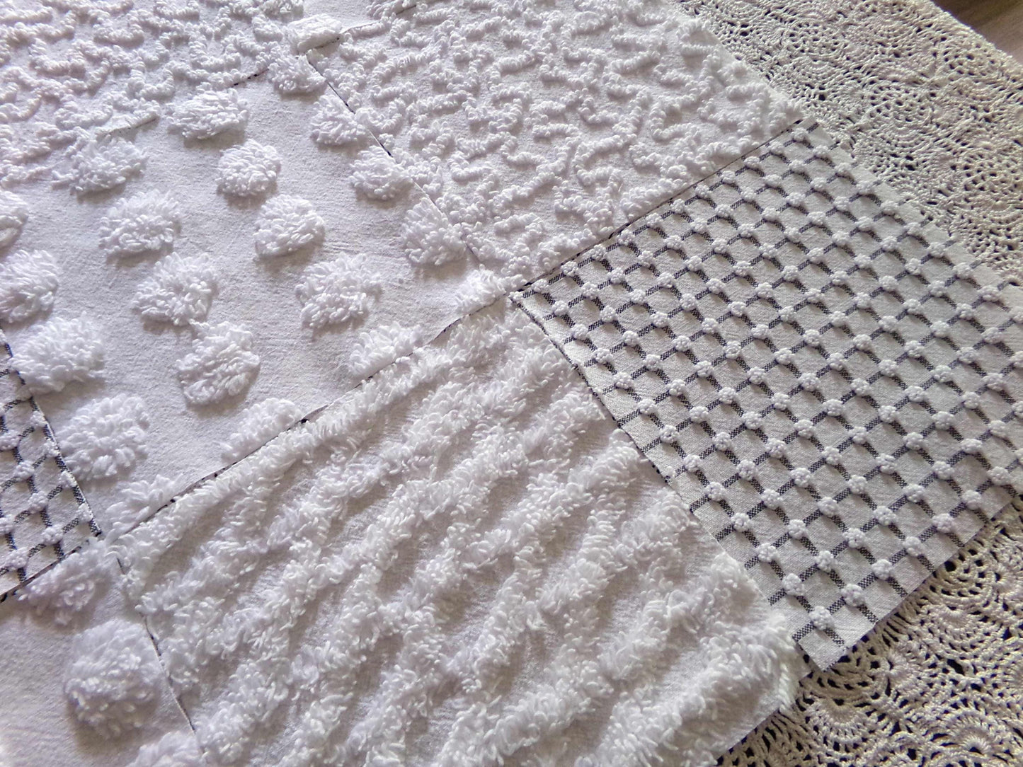 Blizzard White Vintage Chenille Fabric Squares, Diamond Ice, Coin Pop, Squiggle & Micro Grid, Set of 16 Quilt Blocks, 6" x 6" inch each