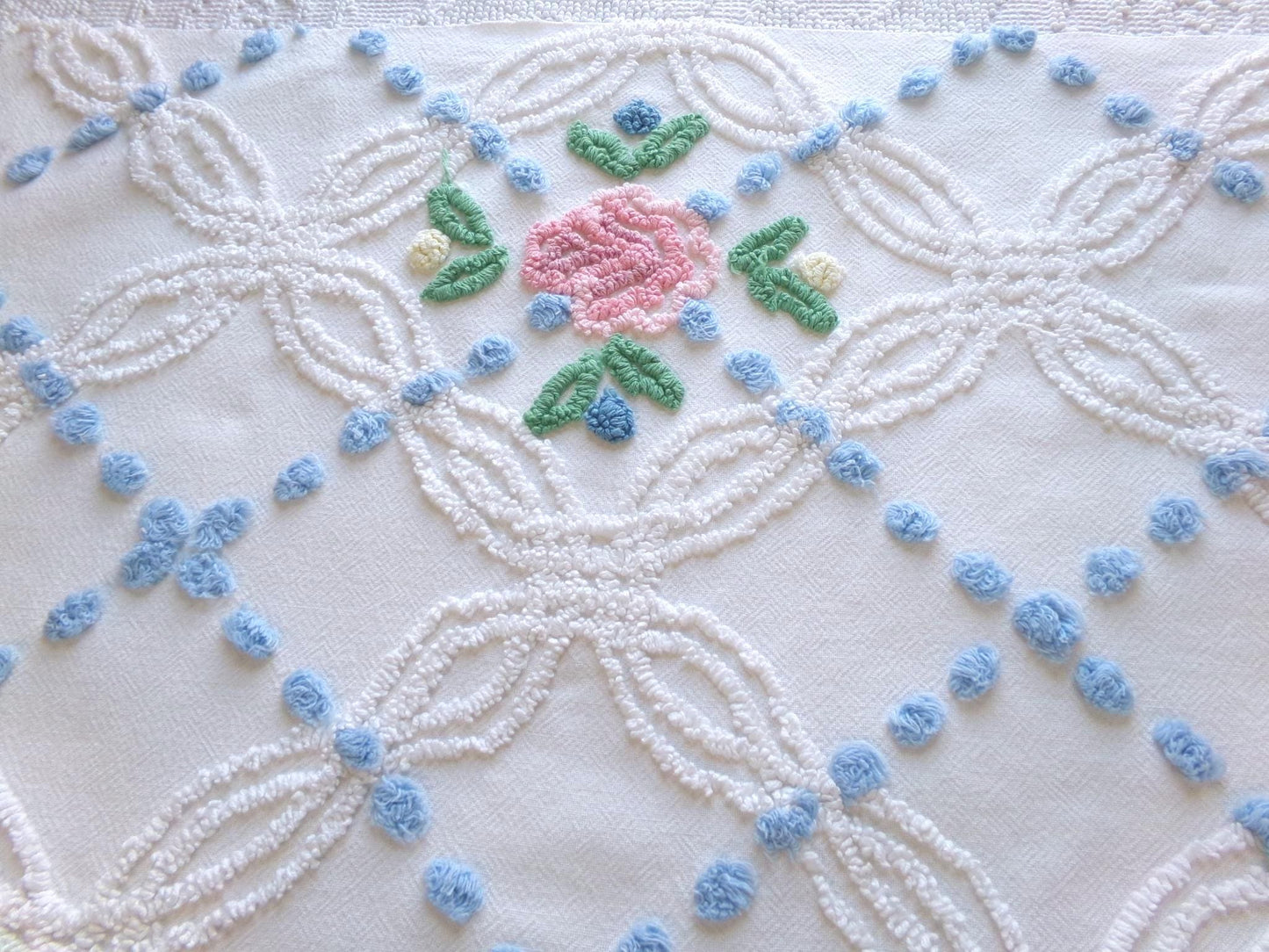 favorite cottage style vintage chenille fabric, pink roses & blue dots, 20" x 27" piece of white sewing material for quilting and crafts