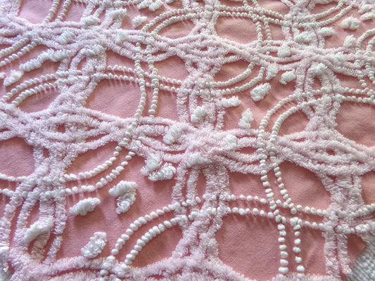 infinity links vintage chenille fabric, beautiful rose pink pearl pop design, 21" x 18" piece of cotton sewing material for pillows & quilts