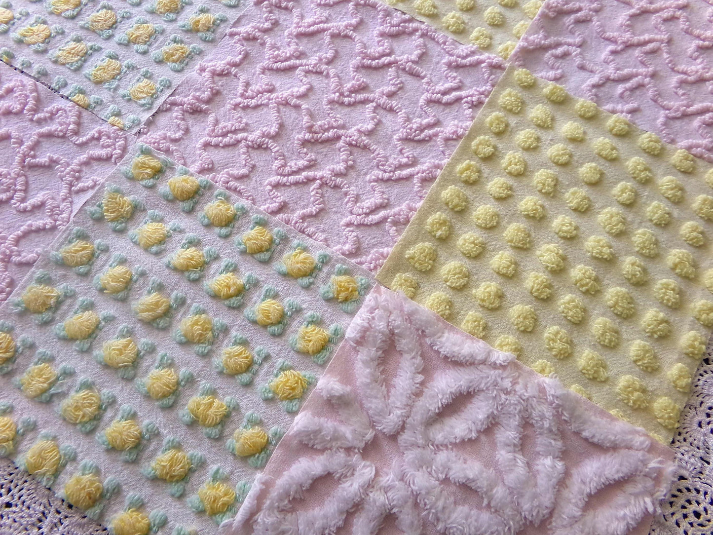 Spring Dance Chenille Quilt Squares, Cheerful Craft Square Set from Vintage Bedspread Fabric, 16 Blocks, 6" x 6" inch, Pink & Yellow