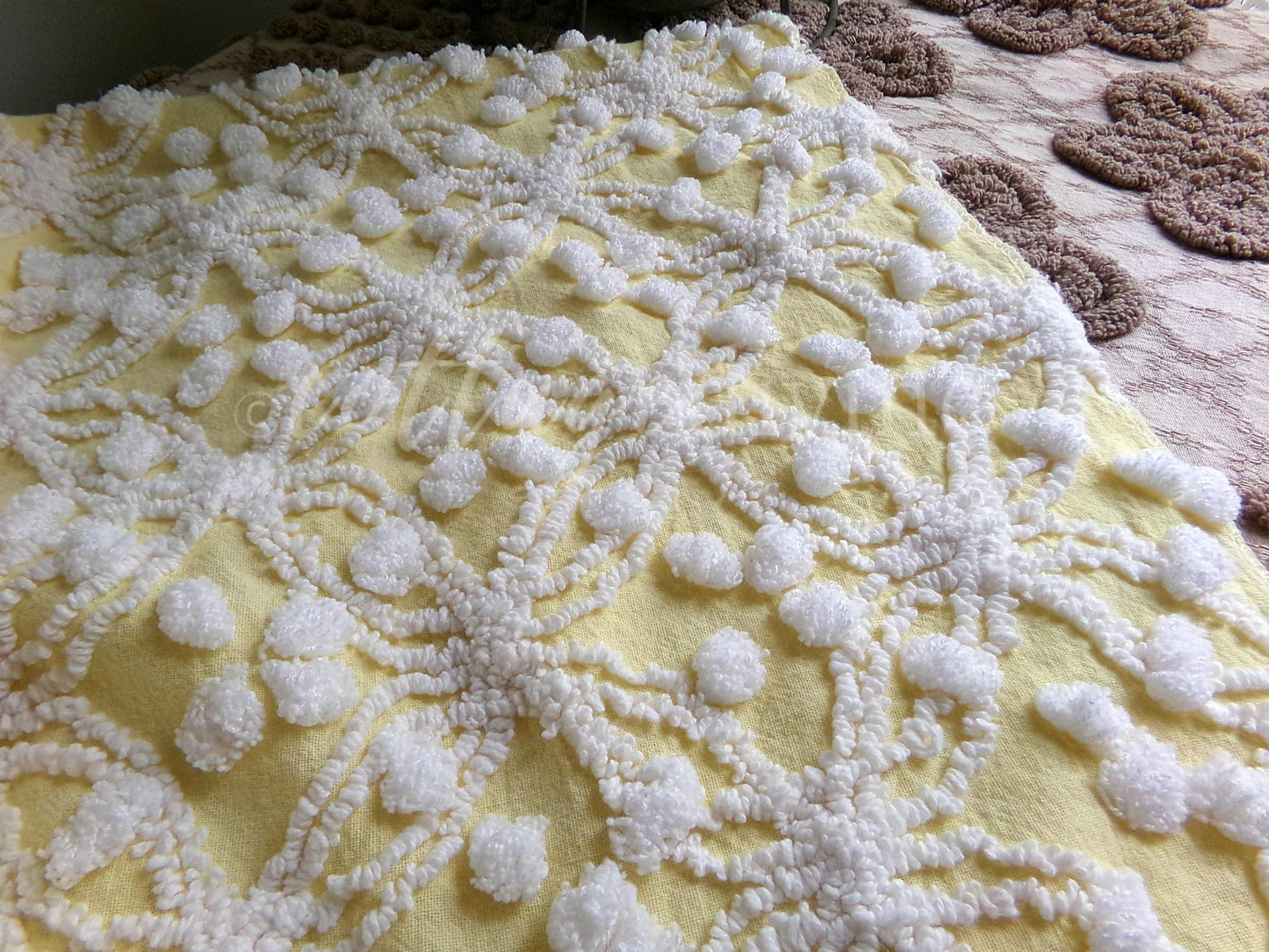 Sunny Yellow Vintage Chenille Fabric, White Geometric Wedding Ring & Pop Design, 20" x 24" Inch Piece, Popular in Handmade Quilts