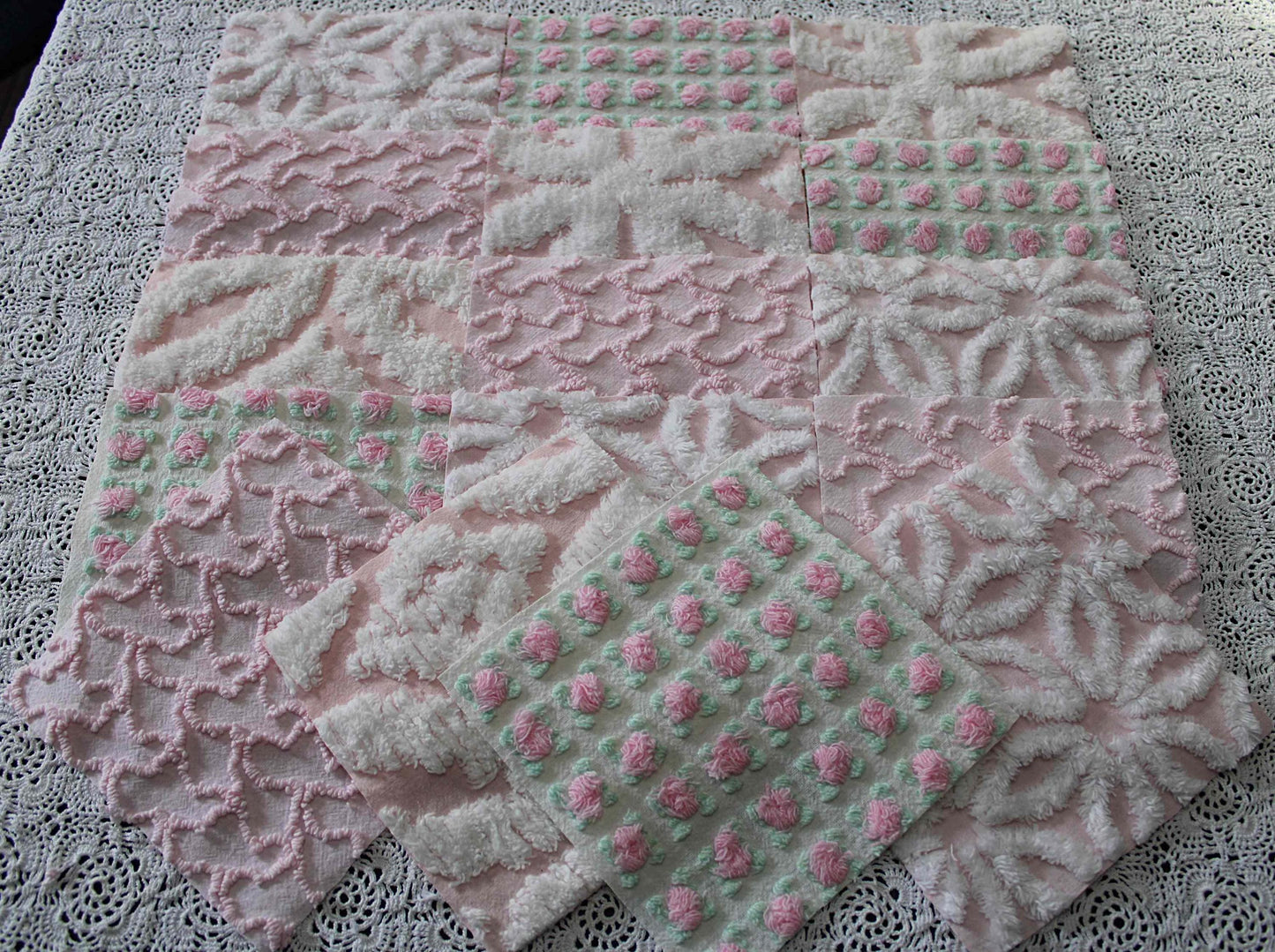 fairy pink chenille fabric squares, cottage rosebud & daisy, 16 vintage quilt blocks 6" x 6" inch, for patchwork pillows, quilting, crafts