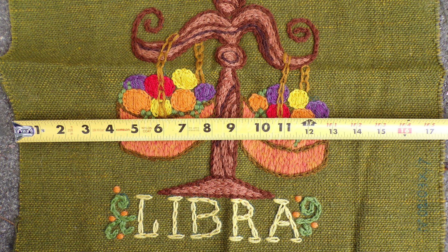 LIBRA Rare Zodiac Vintage Astrology Embroidery, Paragon Crewel Stitchery, Completed, an Original 1969 Barbara Sparre Design