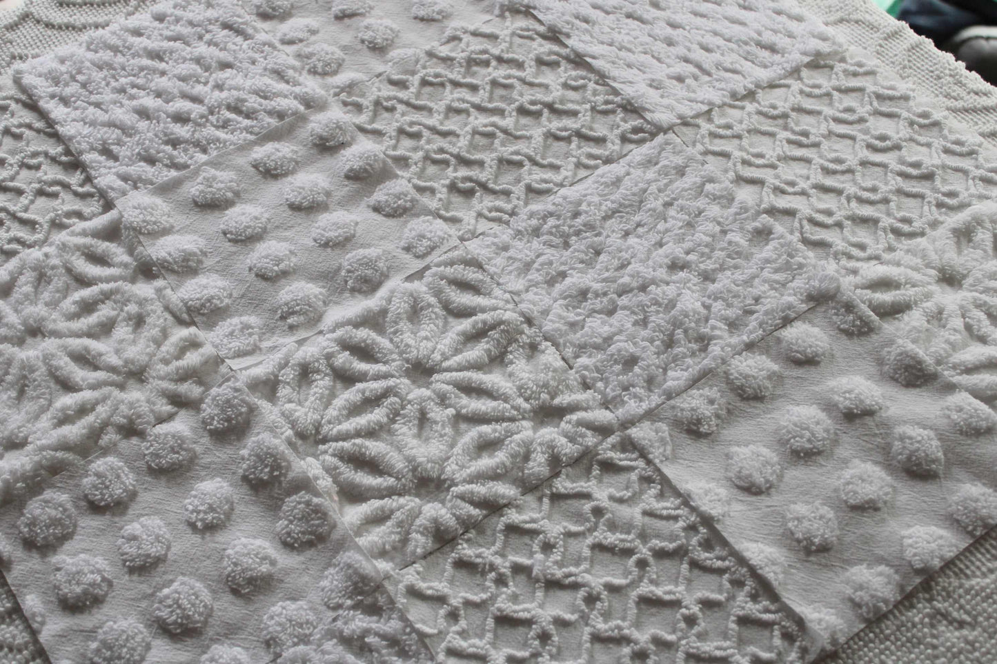 Fresh Snowfall Graceful White Chenille Quilt Squares Set, from Vintage Bedspread Fabric, 16 Blocks, 6" inch
