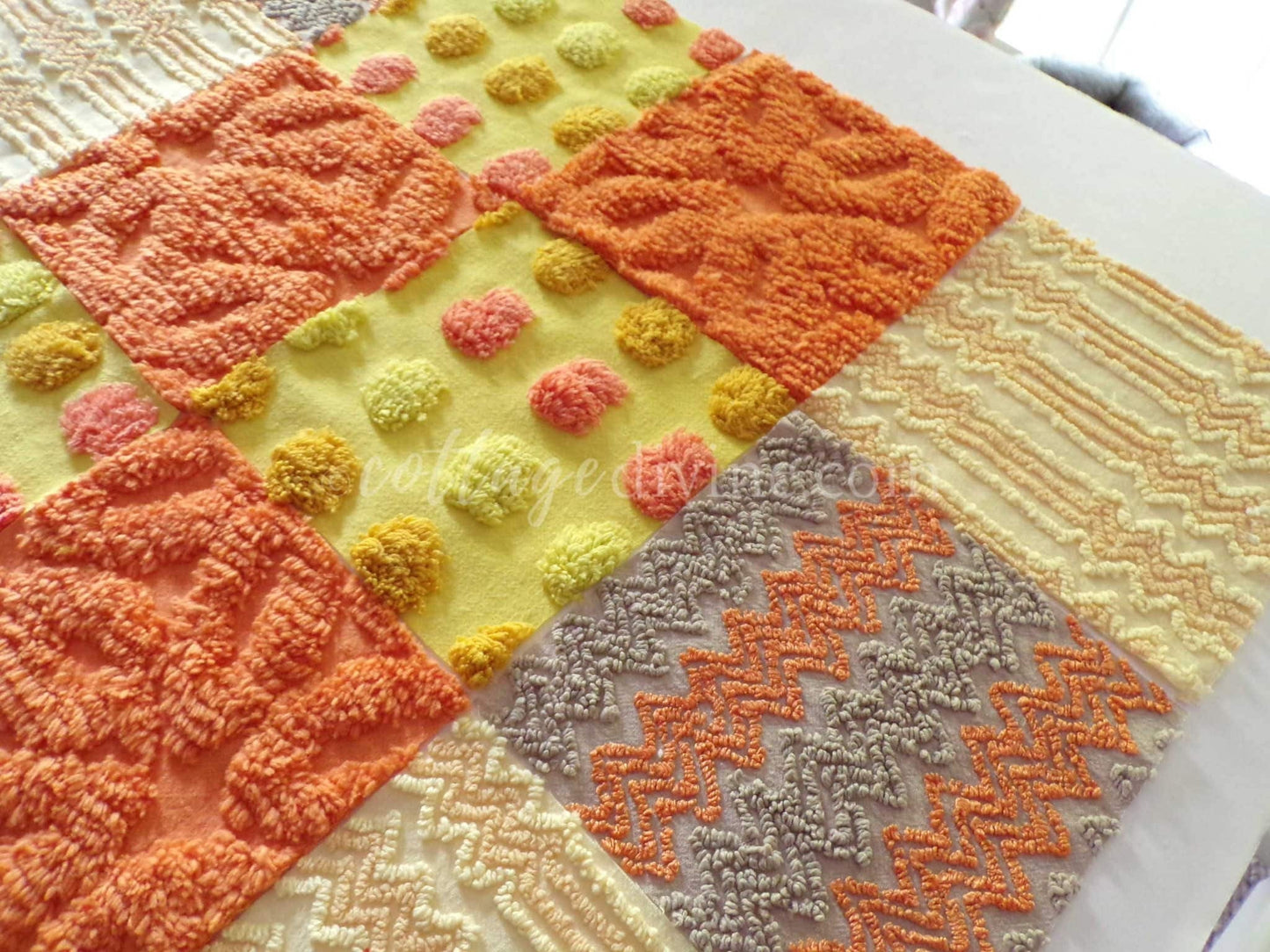Quilt Squares Set, "Wild Lightning Zaps" from Vintage Chenille Bedspread Fabric, 16 Blocks, 6" x 6" inch