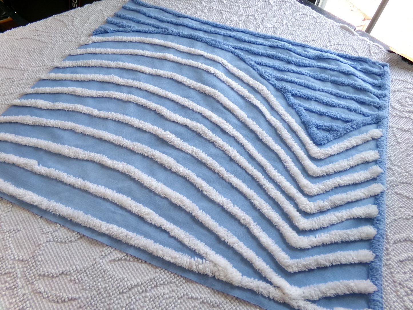 calm lake blue vintage chenille fabric, tranquil 18" x 21" piece of sewing material for quilting and crafts