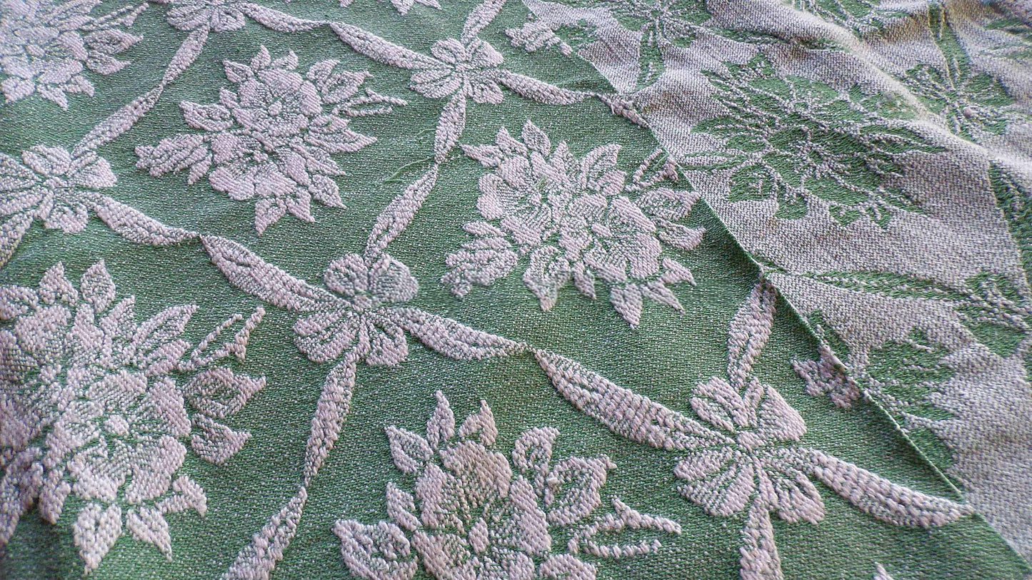 shabby cottage jade rose woven fabric, reversible sewing material from vintage bates bedspread, 20" x 30" piece for pillows, quilting