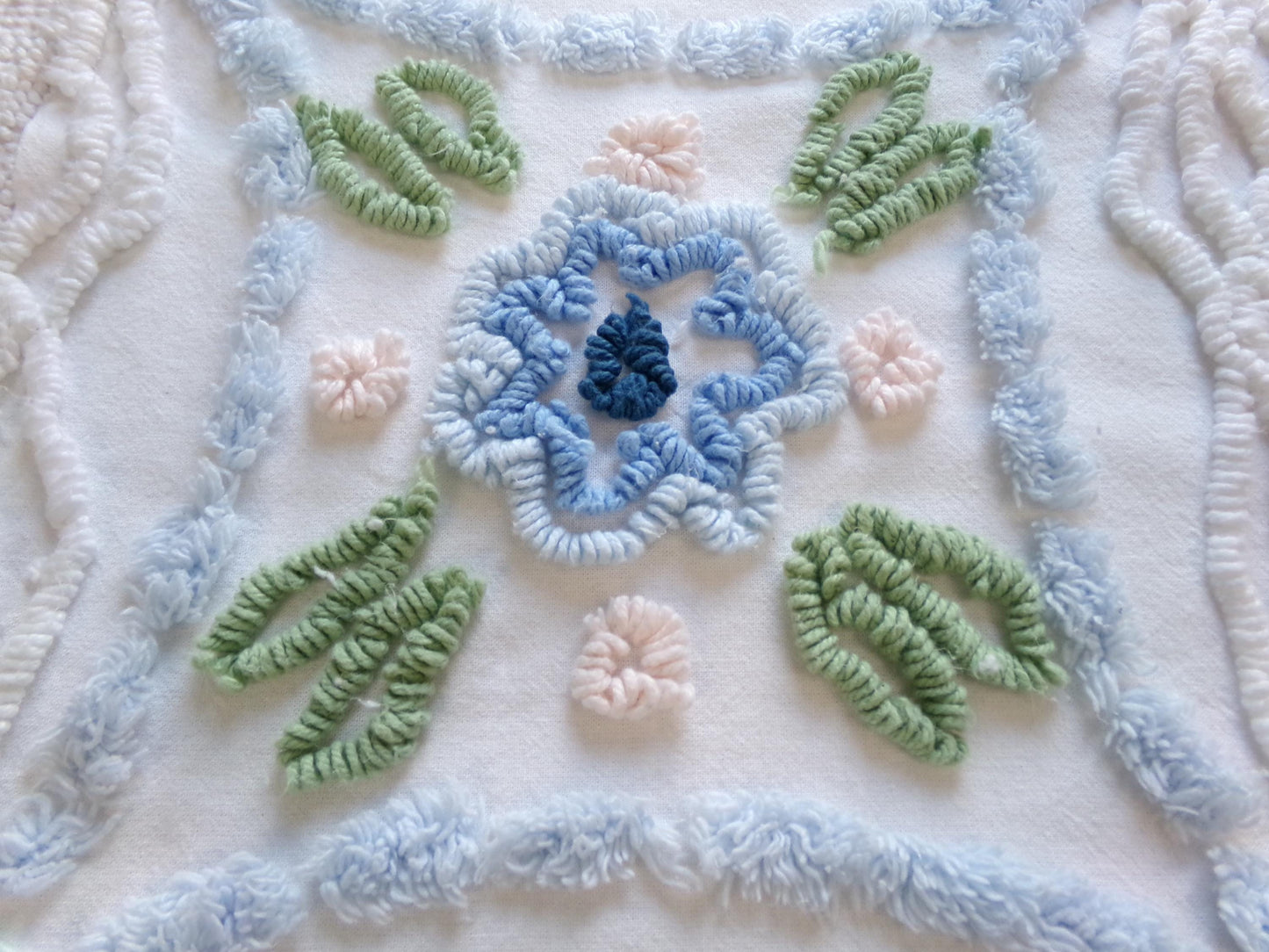 Country Cottage Chic Vintage Chenille Fabric, 20" x 21" Piece of Floral White Cotton Sewing Material, Upcycle into Pillows, Quilts