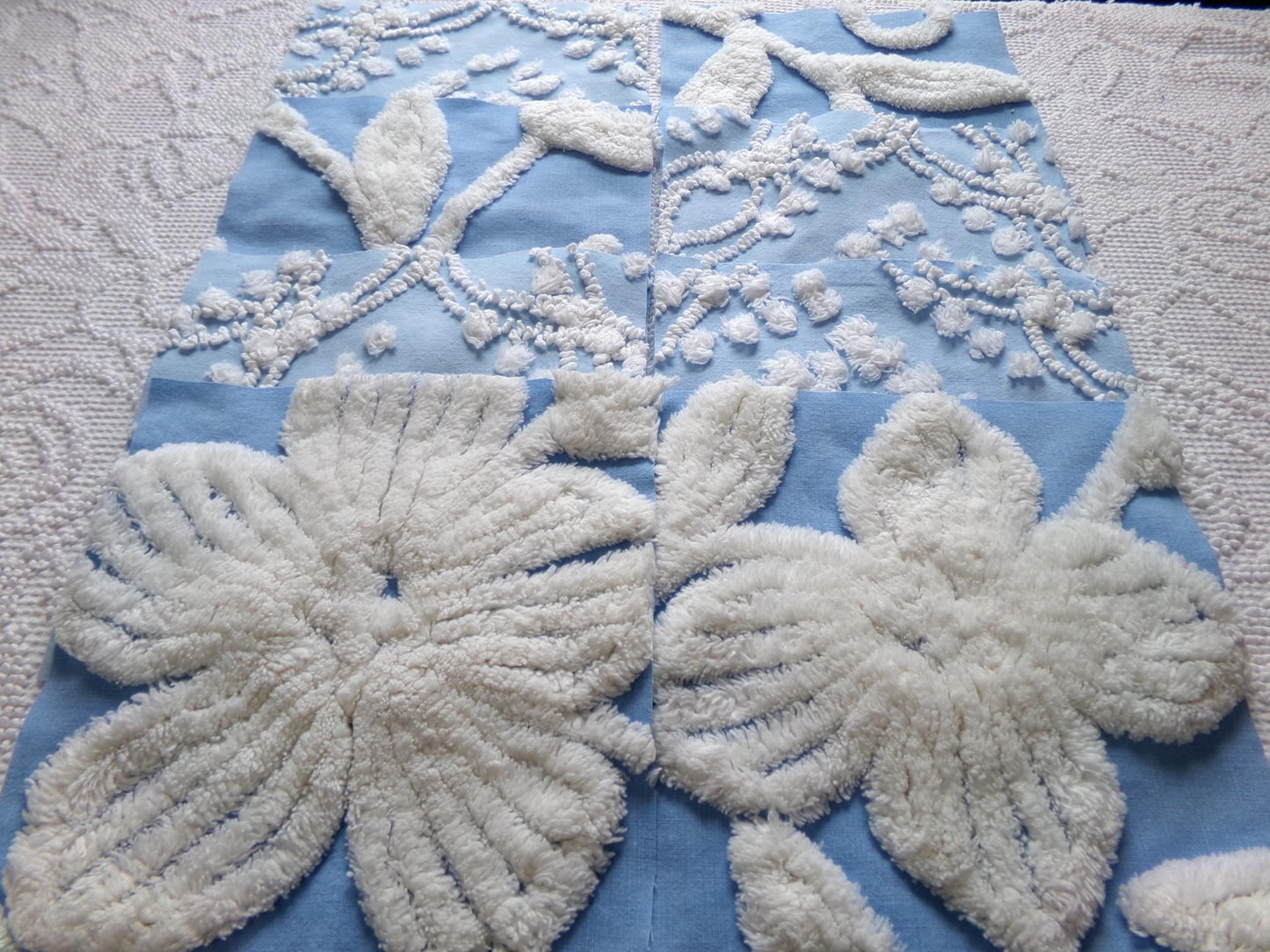 coastal breeze chenille fabric squares, set of 8 vintage 7.5" quilt blocks, blue geometric, white floral for sewing, crafts, quilting
