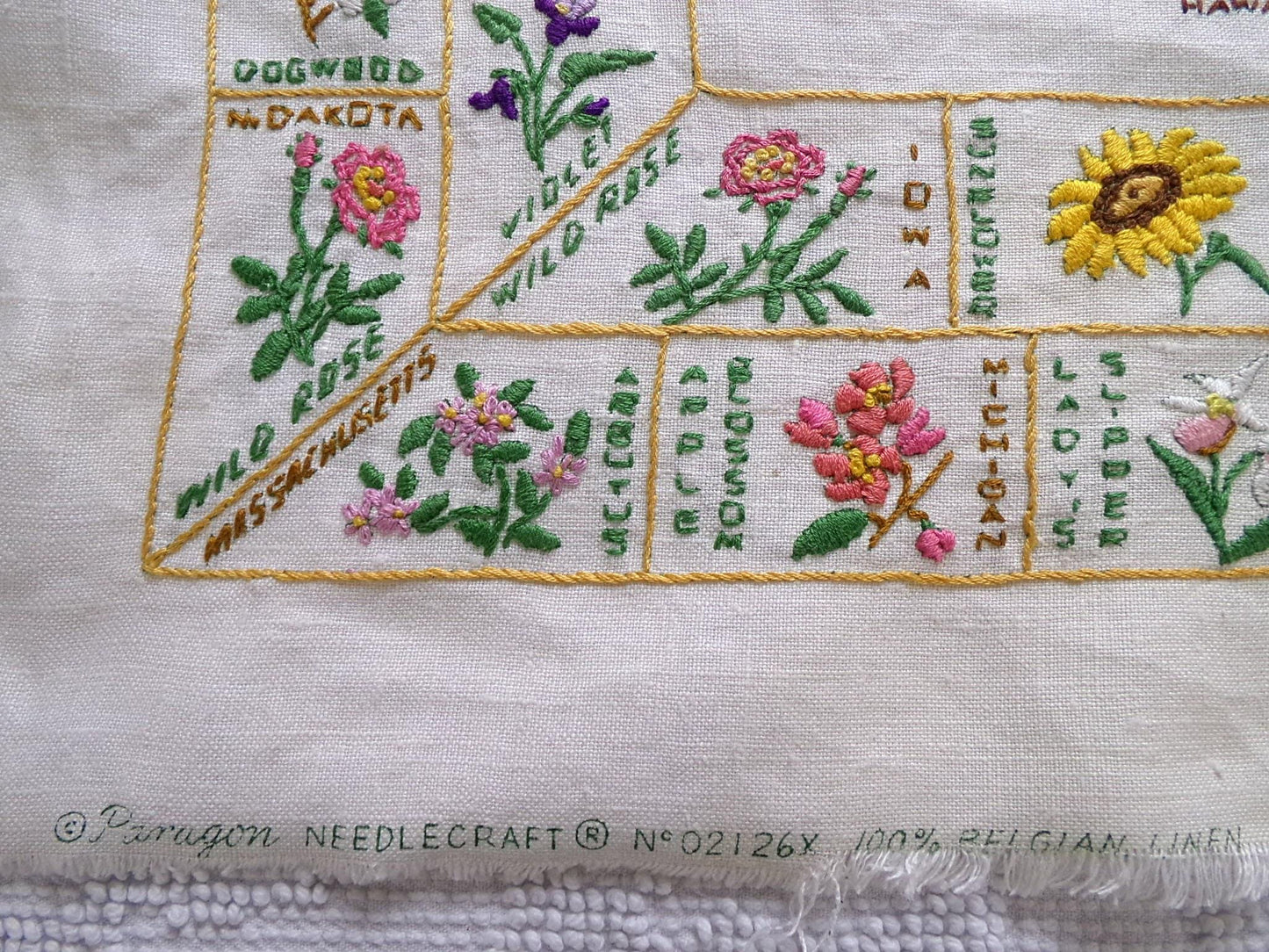 Vintage Embroidery Sampler 50 United States Flowers USA Map Heirloom Piece on 100% Belgian Linen, Paragon Stitchery, Completed, Unframed