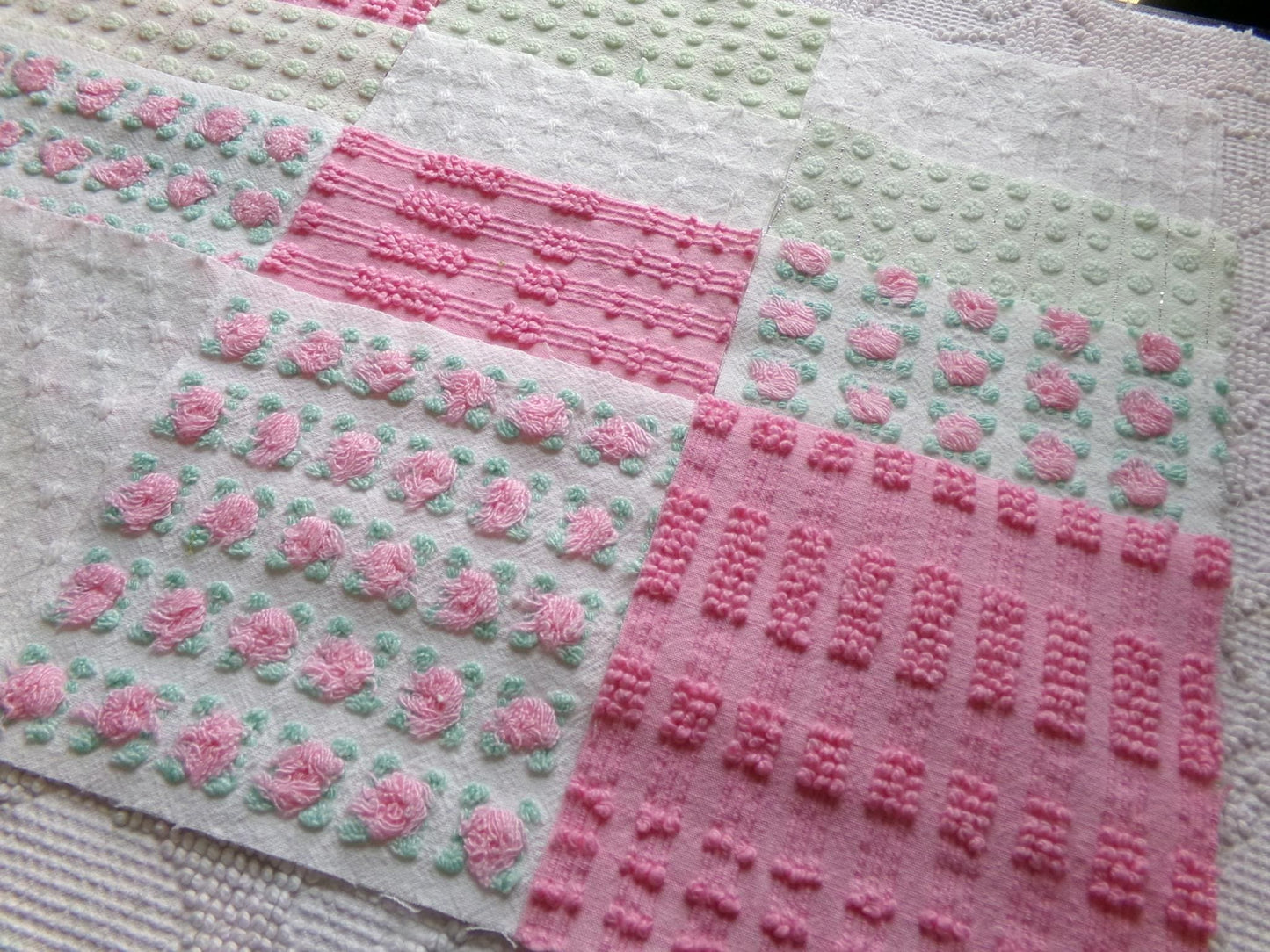 fairytale pink & green chenille fabric squares, set of 12 vintage 6" quilt blocks in crafty girl's dozen, popular squiggles, rosebud, dots