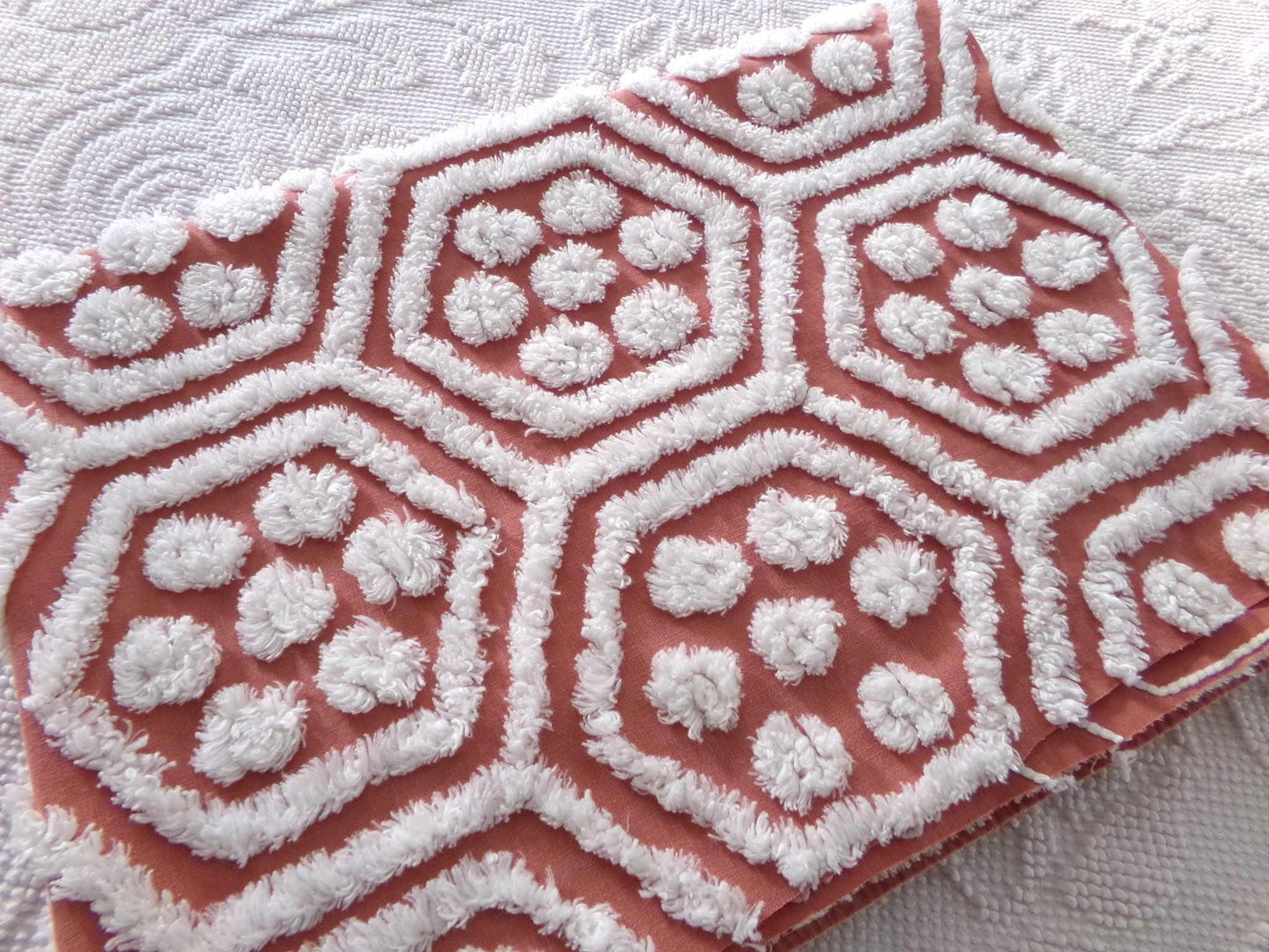 Hippie Hexagon Reversible Vintage Chenille Fabric, Sewing Quilting Material in Boho Style Terracotta & White, 22.5" x 30" inch Piece