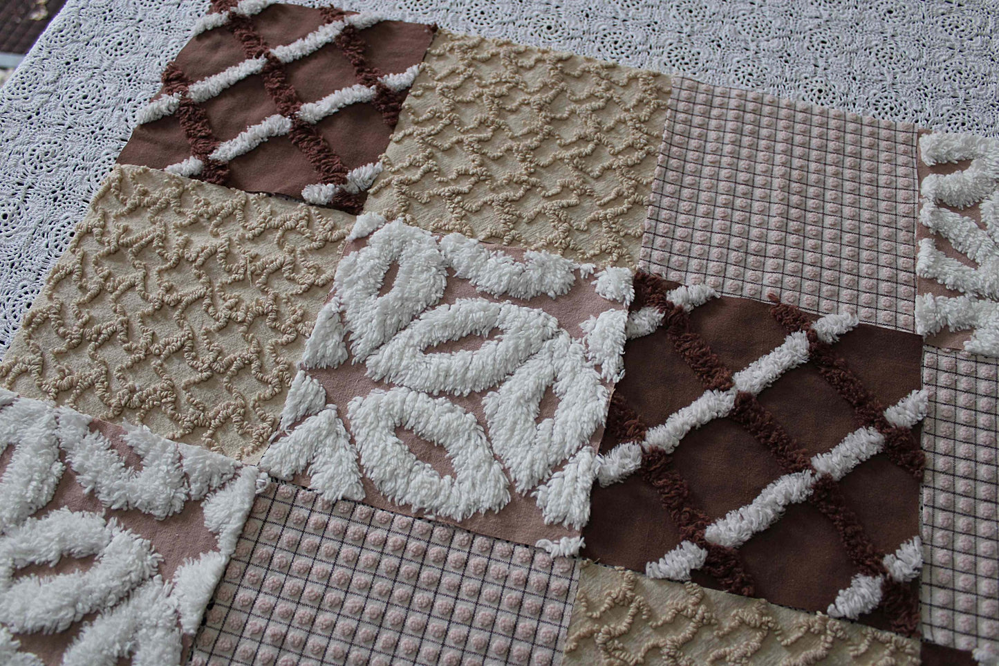 boho browns chenille fabric squares, 16 vintage quilt blocks, 6" x 6" inches ea, great for hippie inspired craft projects