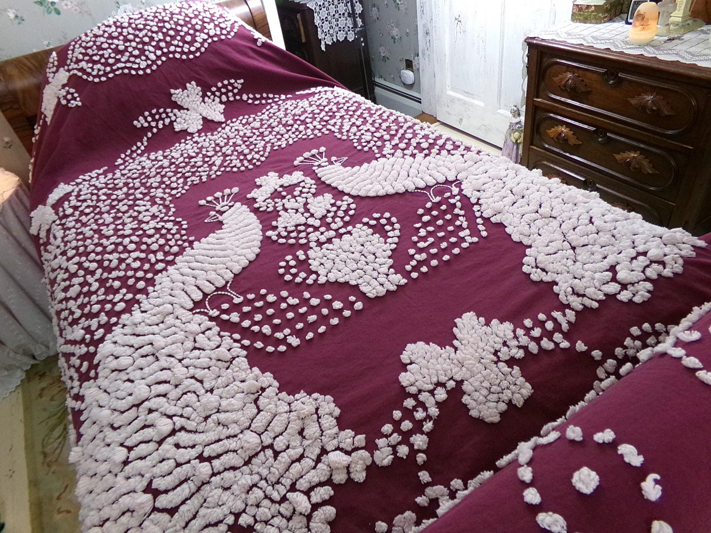 Antique Peacock Chenille Bedspread, Shabby Vintage Victorian Handmade Coverlet in Deep Wine with Snow White Tufting, Full Size Bedding