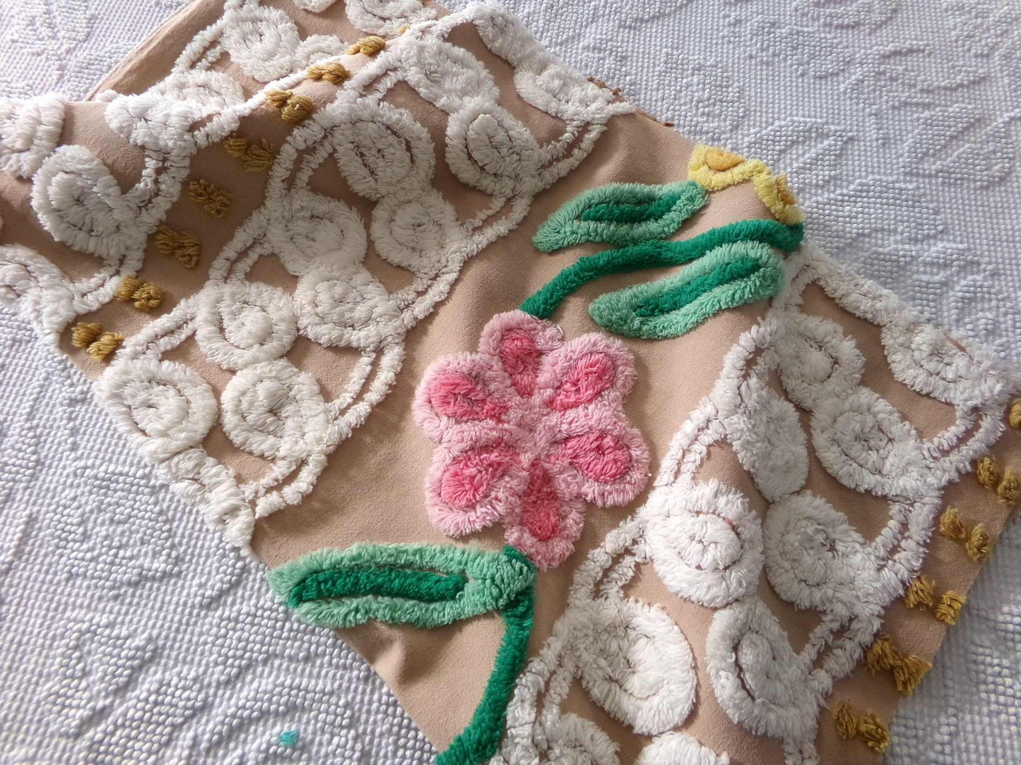 Shabby Cute Caramel Curlicue Floral Vintage Chenille Fabric, 21" x 24" inch Piece, Boho Sewing Material for Pillows, Wall Hangings, Crafts